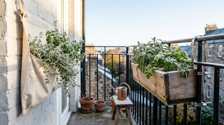 A canvas pocket wall planter of thyme and oregano beside a frost-rimed railing box of sage on an apartment balcony on a cold autumn morning
