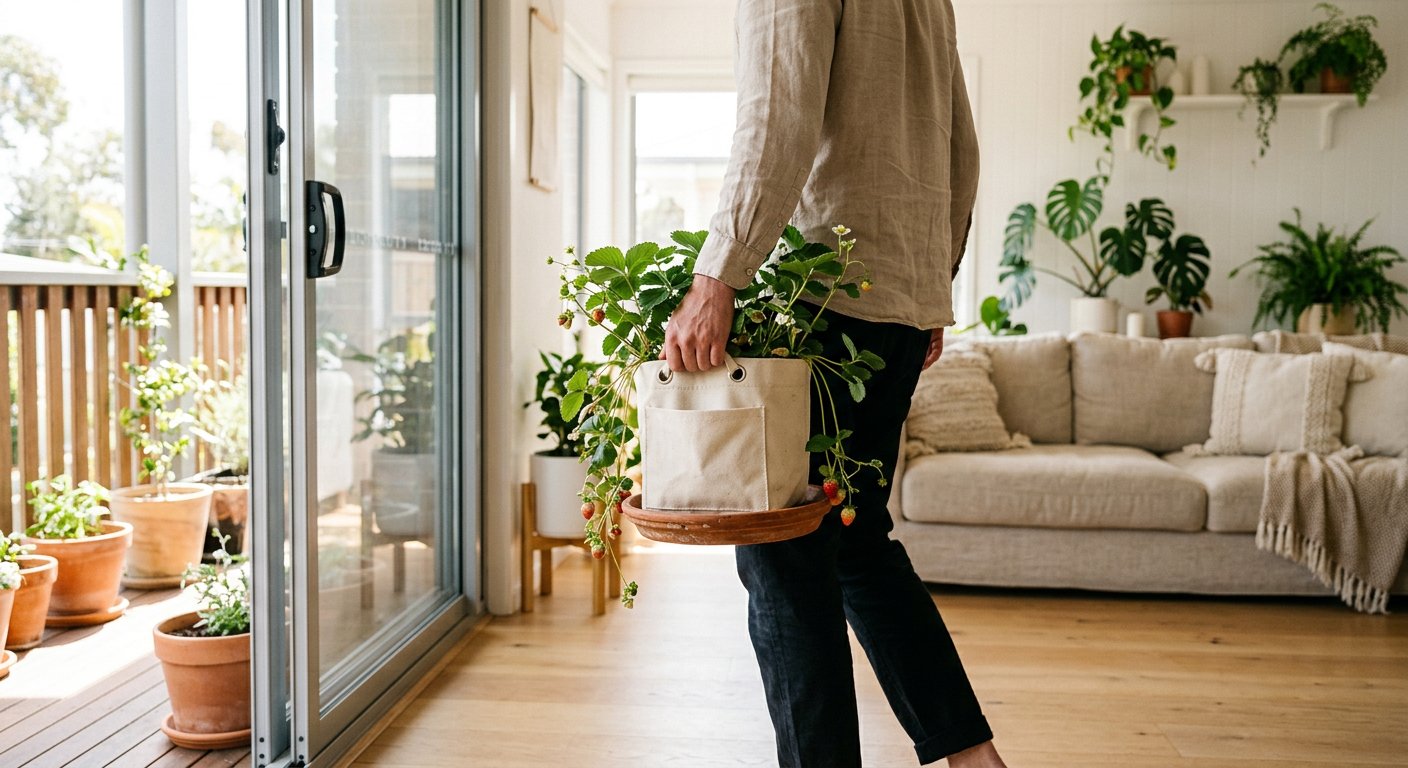 A person carrying a small canvas pocket planter of trailing strawberry through a balcony door onto a terracotta drip saucer