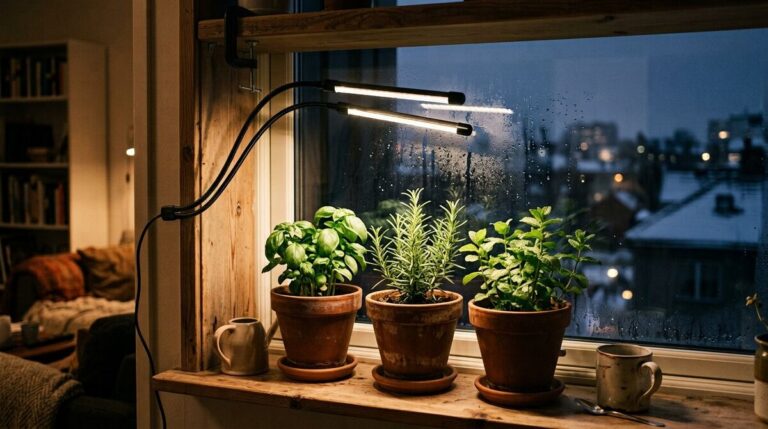Small clip-on LED grow light clamped above potted herbs on a bright windowsill