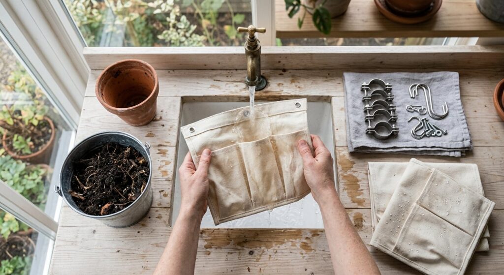 Rinsing an empty canvas pocket planter in a sink beside spent potting soil, unclipped railing clamps and S-hooks drying on a towel