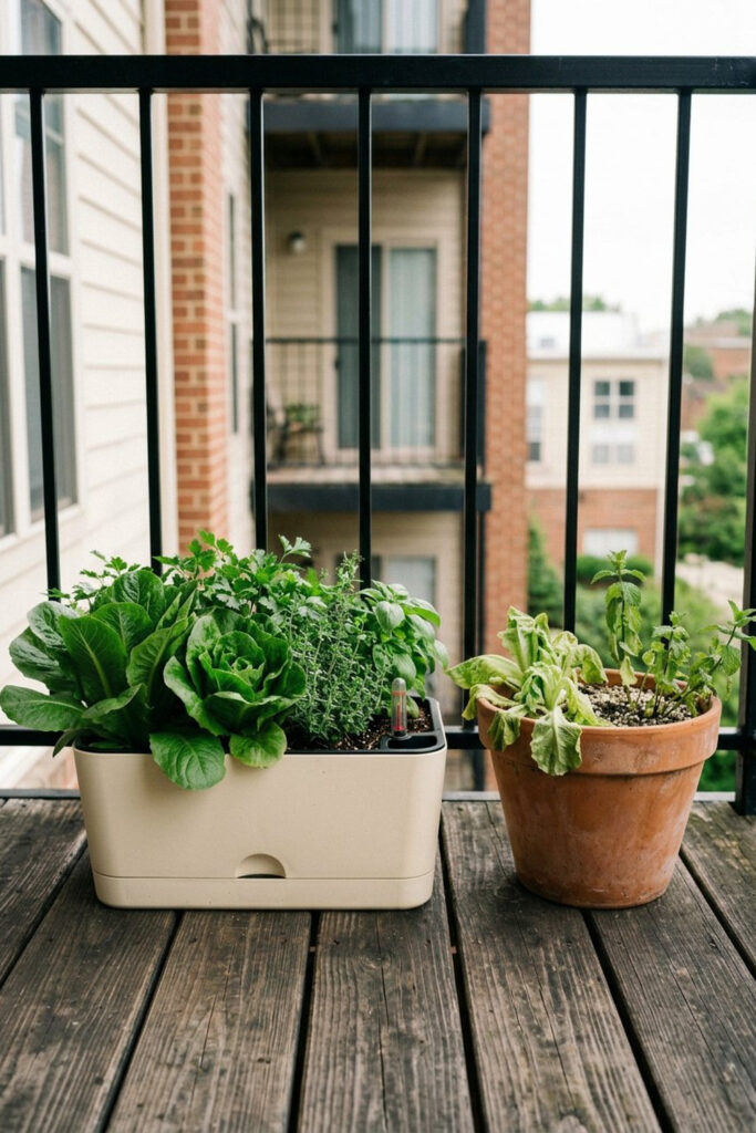 Lush lettuce and herbs in a self-watering planter beside a terracotta pot of wilted lettuce and mint on a balcony