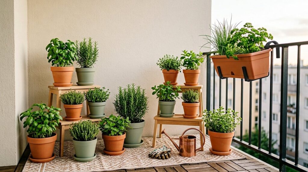 Rows of potted herbs, basil, rosemary, thyme and oregano, arranged on wooden tiered plant stands, with a railing planter of parsley and chives hanging above