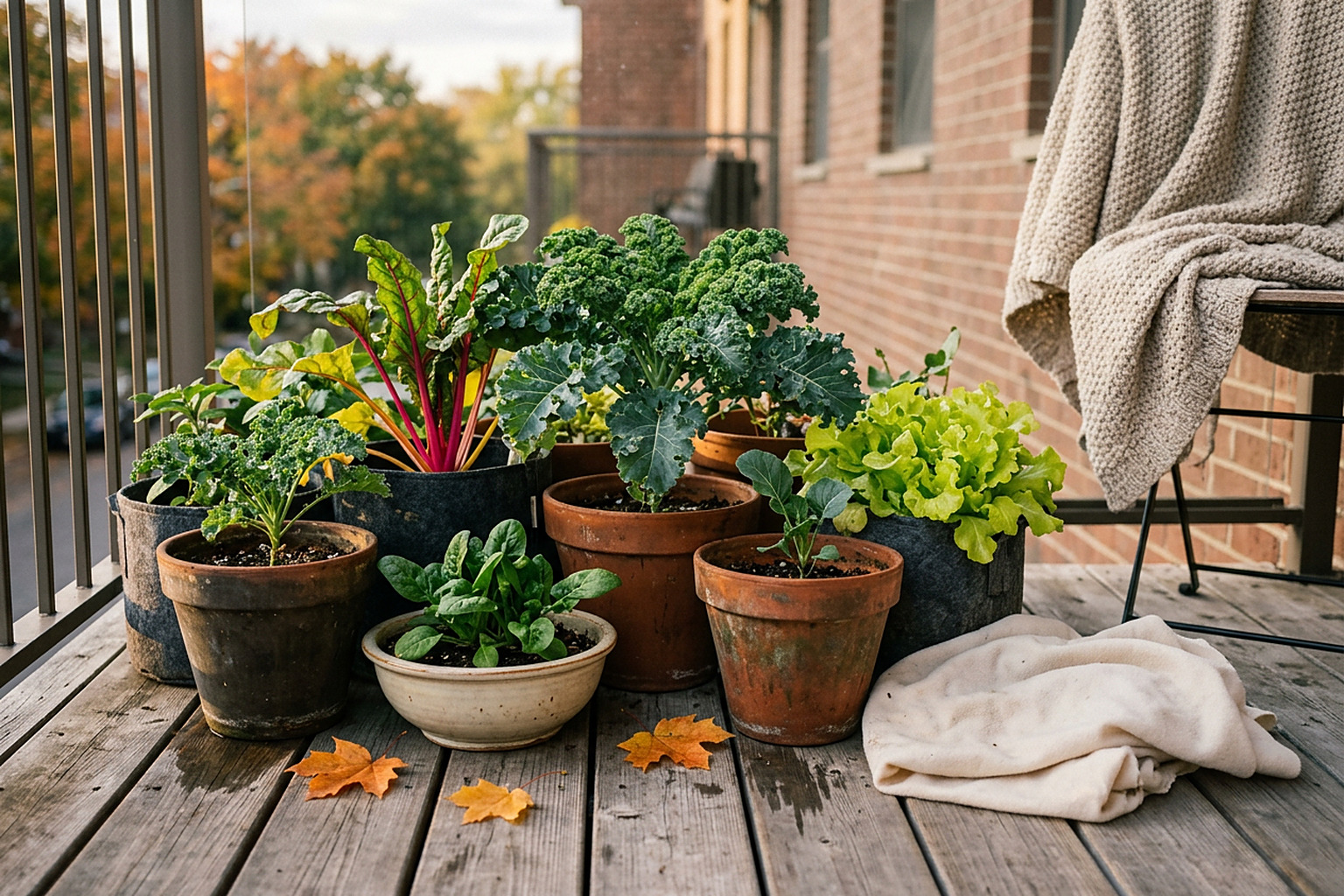 Kale, Swiss chard, spinach and lettuce growing in containers on an autumn balcony