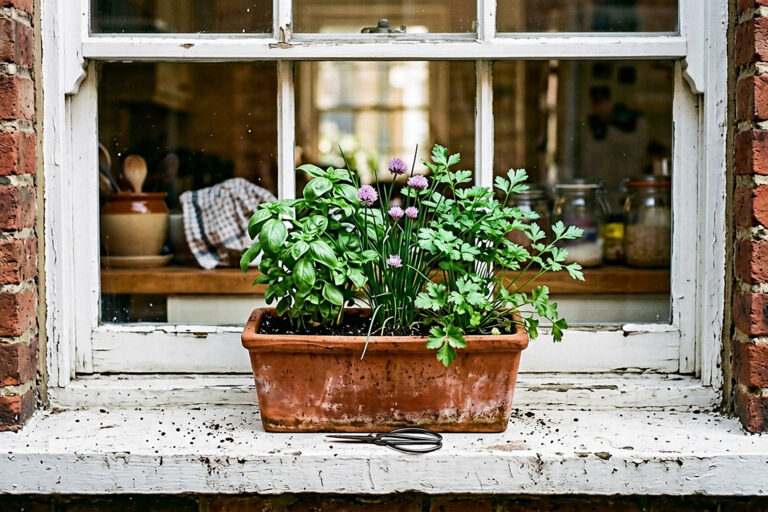 Basil, parsley and chives growing together in one terracotta windowbox on a sunny windowsill