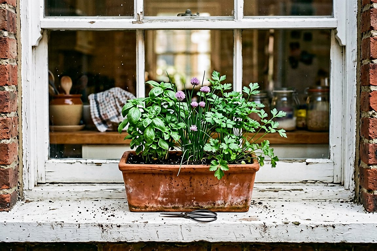 Basil, parsley and chives growing together in one terracotta windowbox on a sunny windowsill