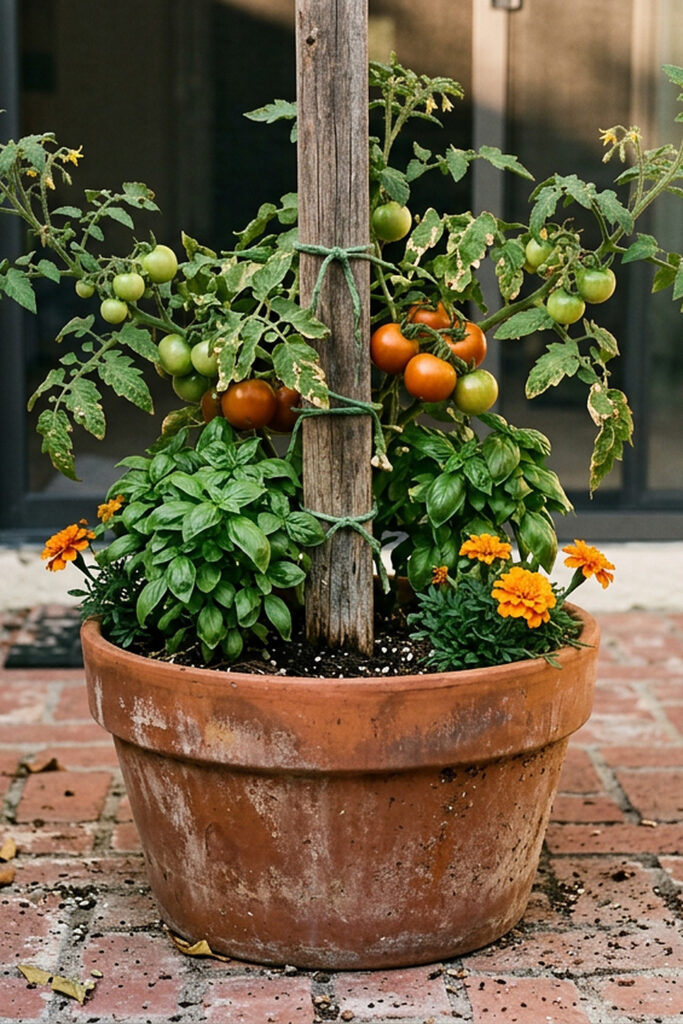 Cherry tomato plant with basil and orange marigolds sharing a big terracotta pot