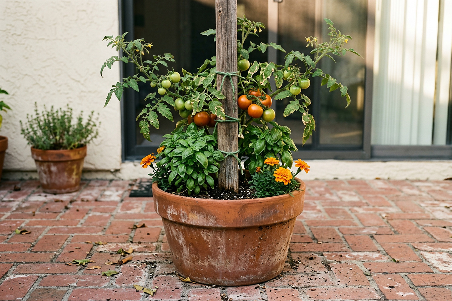 Staked cherry tomato with basil and marigolds growing together in a large terracotta pot on a brick patio