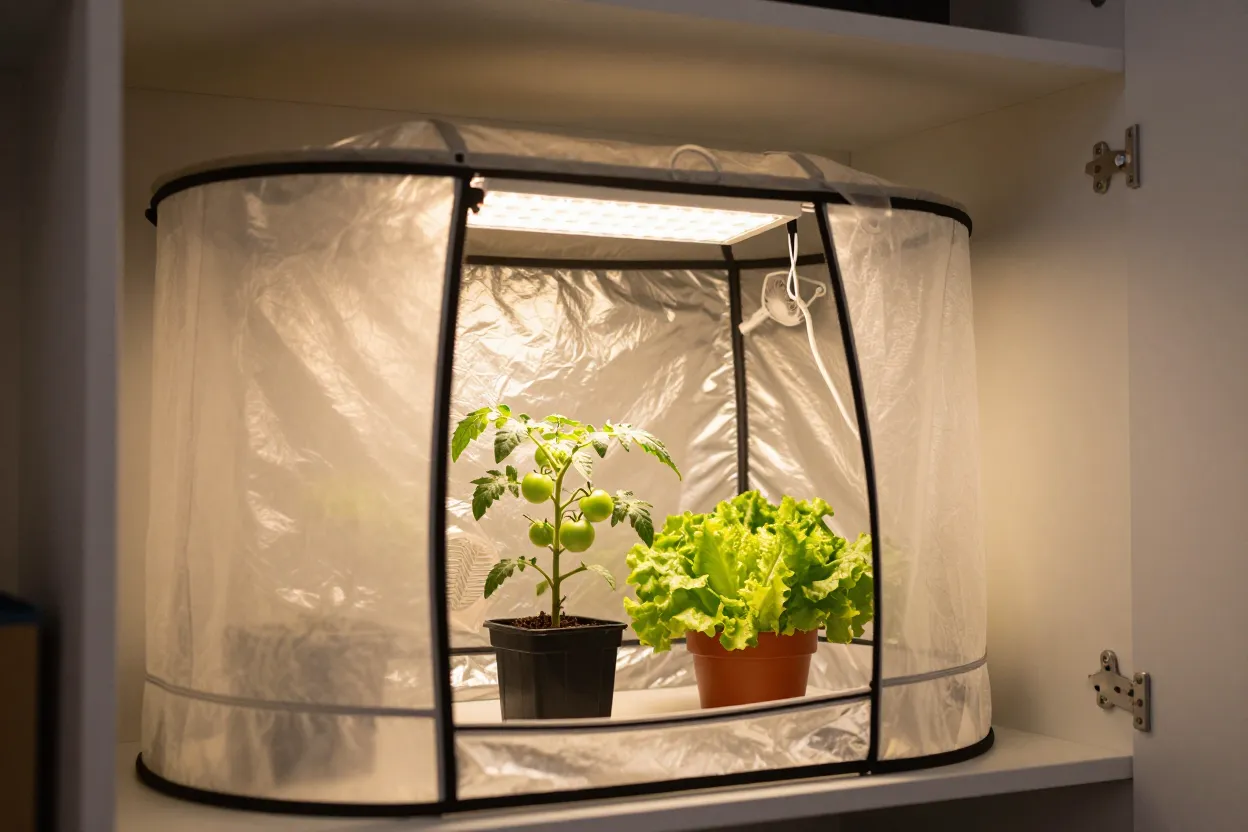 Small unzipped grow tent with a dwarf tomato plant and a pot of lettuce growing under a warm LED grow light