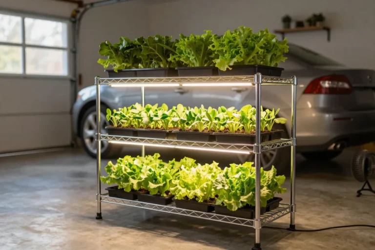 Wire shelving rack in a garage holding trays of lettuce and greens under LED strip grow lights, with a car parked behind