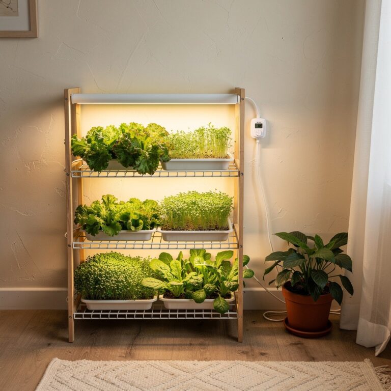 Wooden shelving unit in an apartment with trays of lettuce and microgreens growing under a white LED grow light strip