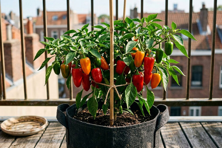 Compact pepper plant with ripening red and green peppers in a fabric grow bag on a balcony