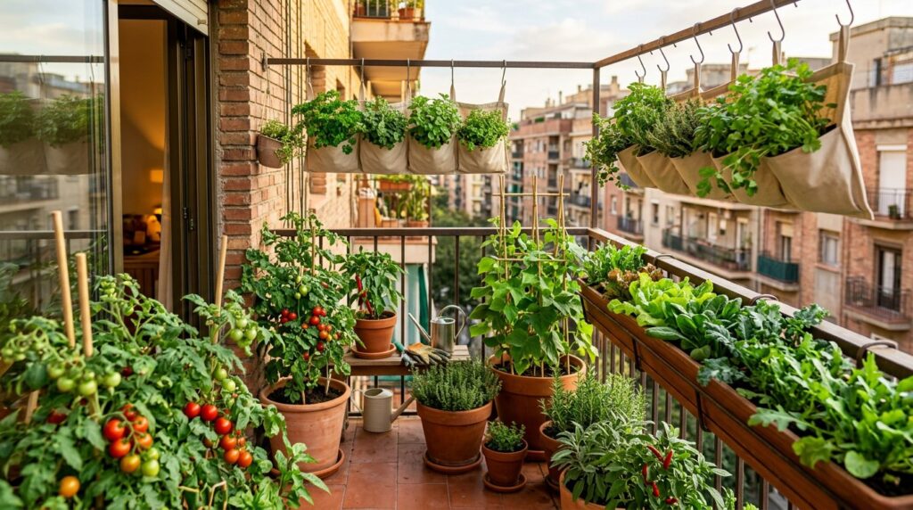 Small apartment balcony filled with container vegetables: potted cherry tomatoes, a railing windowbox of salad greens, and hanging pocket herb planters