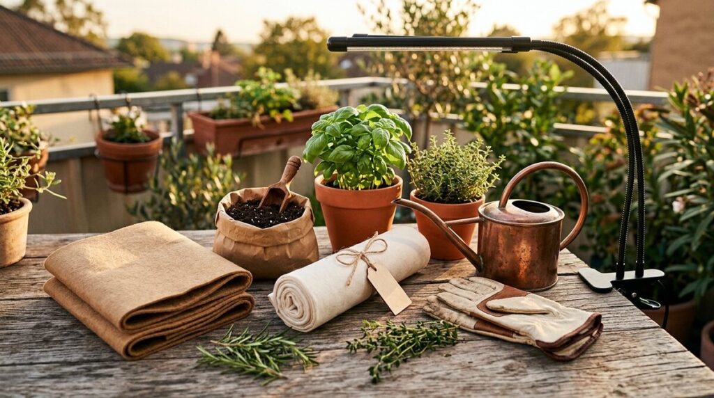 Clip-on LED grow light with flexible arms clamped to a windowsill shelf, lighting terracotta pots of basil, rosemary and mint against a dark winter window