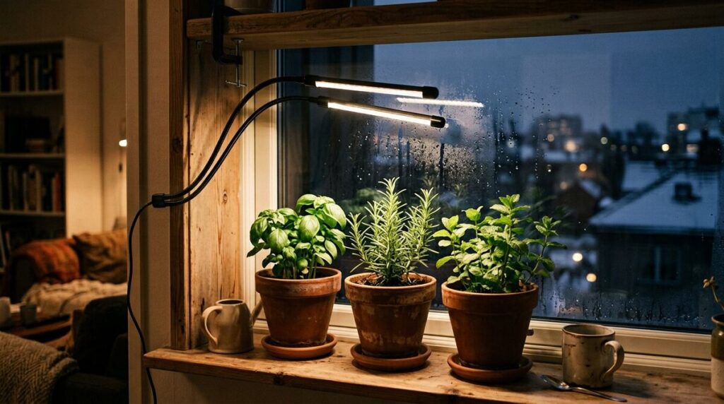 Three 5-gallon black fabric pots with drip trays on a sunny balcony, holding a fruiting pepper plant, a staked tomato and basil with rosemary in organic potting mix