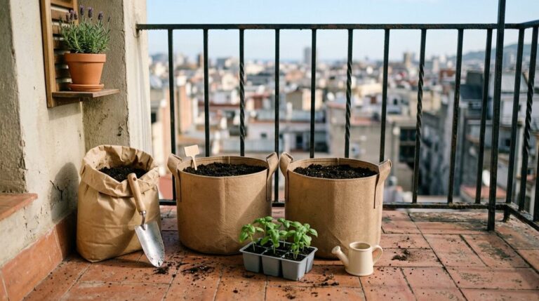 Container gardening gift set laid out on a balcony table: tan fabric grow bags, a sack of potting mix, rolled frost cloth, a black clip-on grow light, terracotta herb pots and a copper watering can in golden-hour light