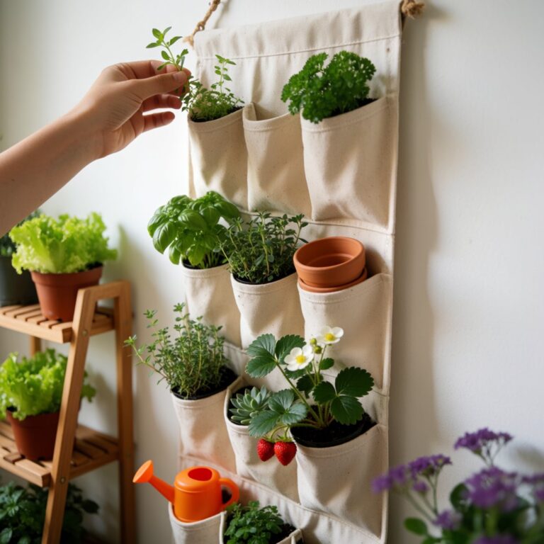 A hanging canvas pocket planter mounted on a wall, filled with basil, parsley, thyme and strawberries, with a hand picking a sprig of herbs