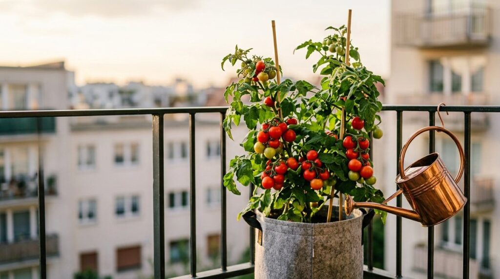 A cherry tomato plant heavy with ripe fruit growing in a fabric grow bag on a balcony railing, with a copper watering can hanging beside it
