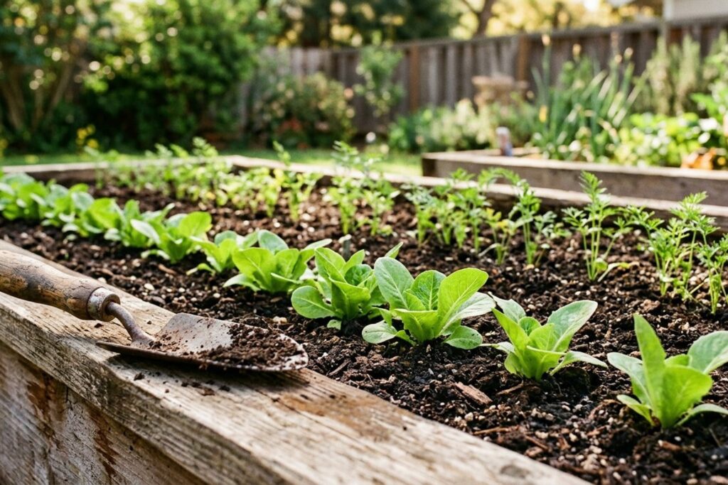 Rows of young lettuce and carrot seedlings in a wooden raised bed with a trowel resting on the edge