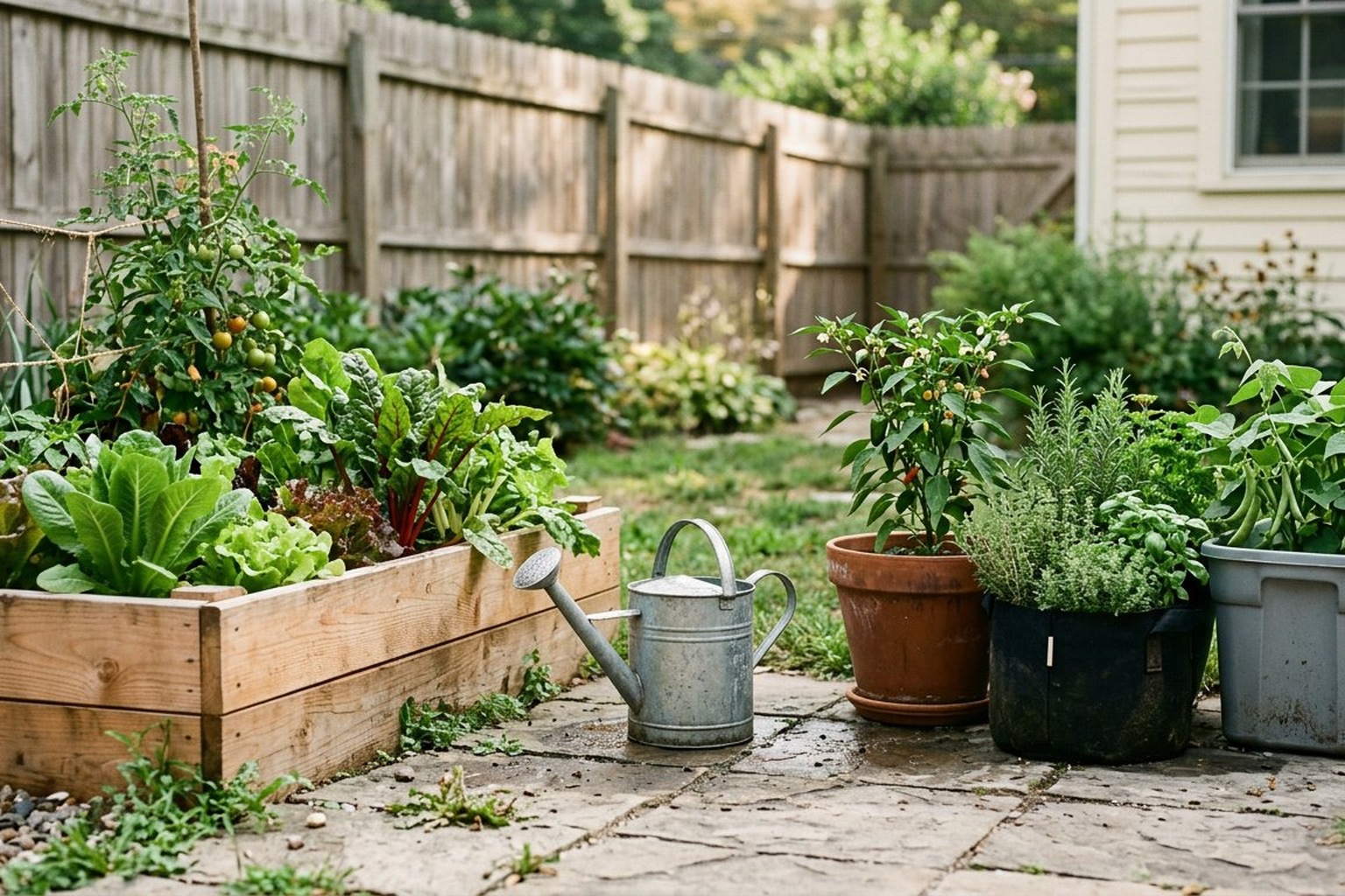 Wooden raised bed of lettuce, chard and tomatoes beside a pepper pot, herb grow bag and plastic tub on a backyard patio