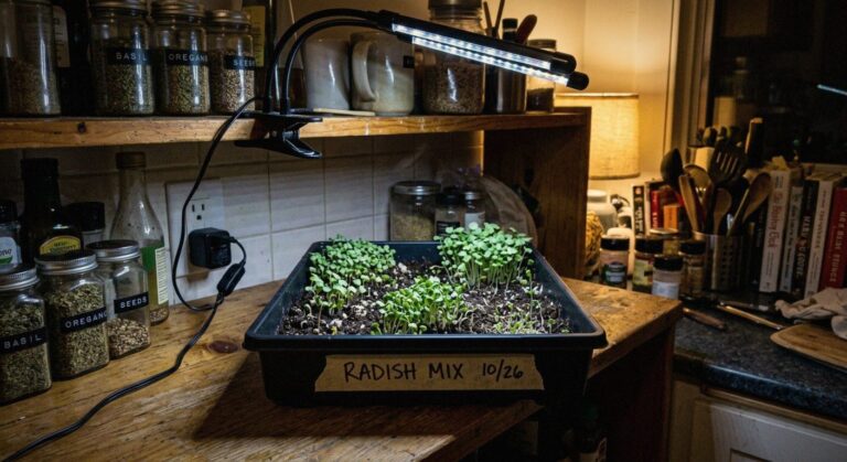Tray of microgreens growing under a small clip-on grow light indoors