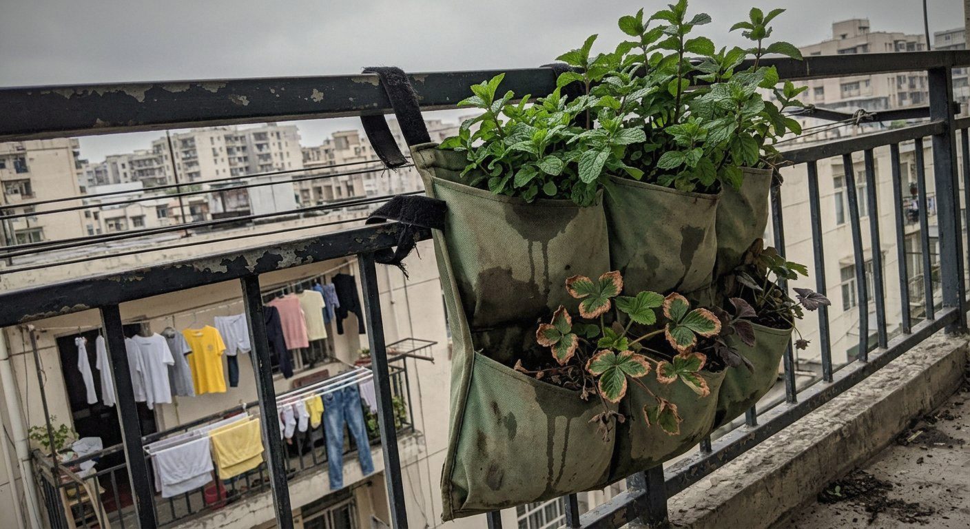 Crooked, sagging fabric pocket planter mounted on a railing with one wilted pocket