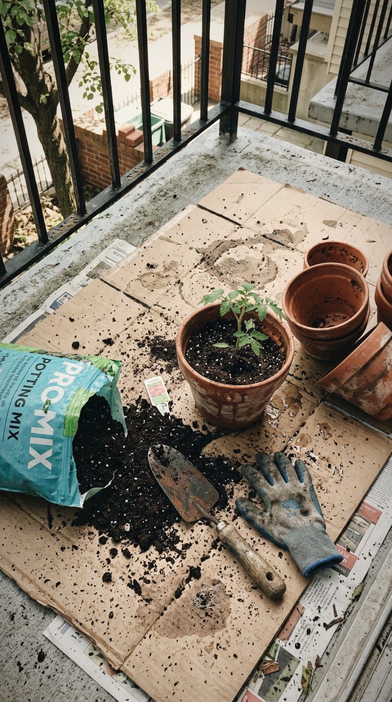Repotting in progress on a cardboard sheet, with spilled potting mix, a trowel, and a gardening glove