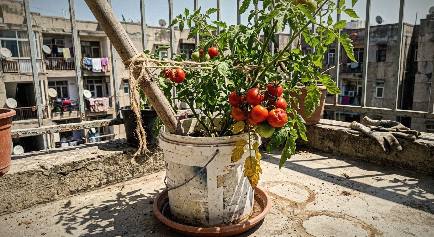 Cherry tomato plant in a repurposed bucket with a twine-tied stake, showing a split fruit and a yellowing lower leaf