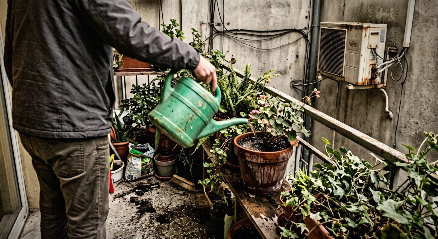Watering can beside a container with drainage drip stains on the concrete below