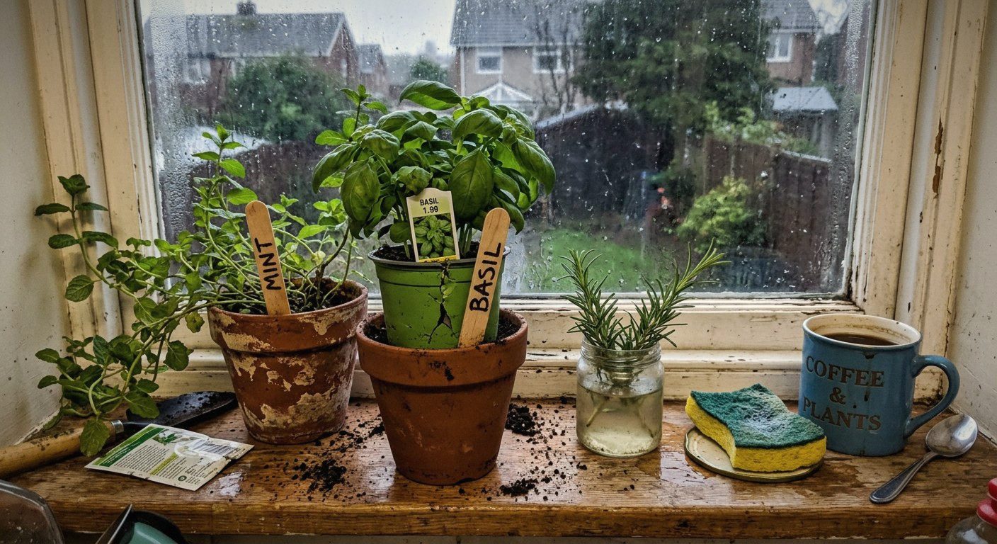 Supermarket basil being repotted next to mint and rosemary on a condensation-fogged windowsill