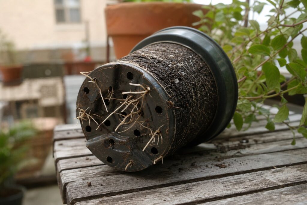Nursery pot tipped on its side with pale roots growing out of the drainage holes
