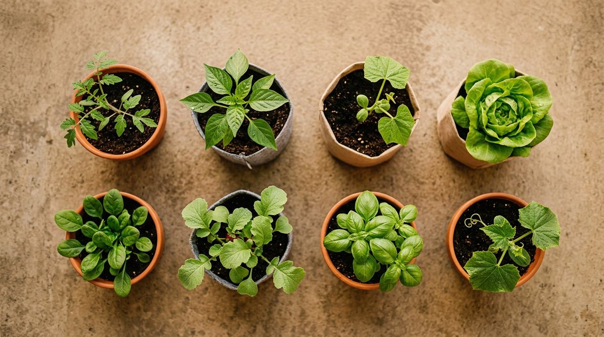 Overhead flatlay of eight potted vegetable and herb seedlings: tomato, pepper, cucumber, lettuce, spinach, radish, basil and squash