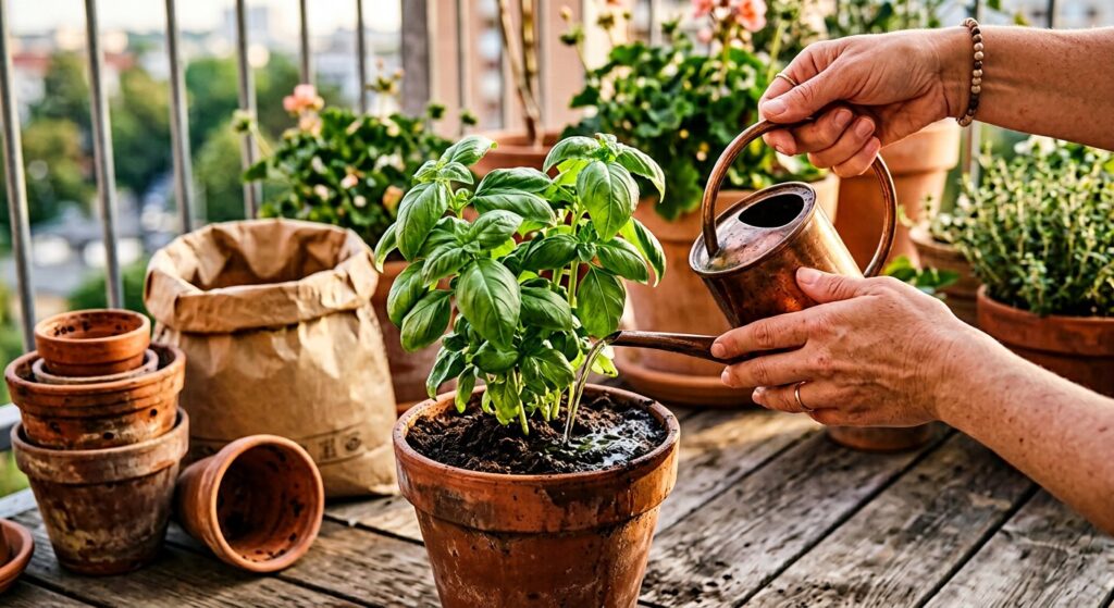 Hands watering a potted basil plant with a copper watering can beside stacked terracotta pots and potting mix