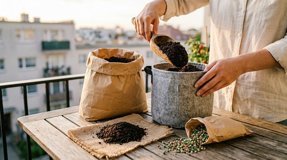 Hands scooping potting soil from a paper bag into a fabric grow bag, preparing a container for planting