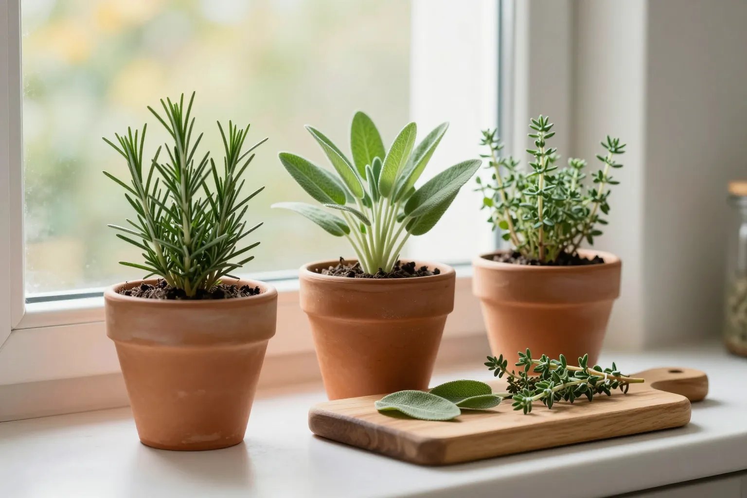 Rosemary, sage and thyme growing in terracotta pots on a sunny kitchen windowsill, with snipped sage leaves and thyme sprigs on a cutting board