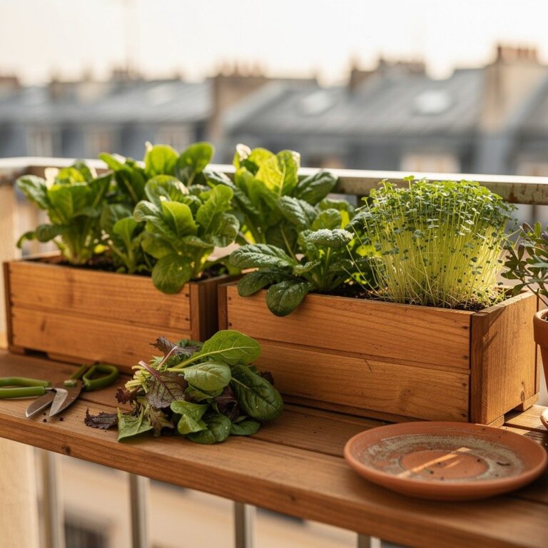 A railing-mounted planter box of lettuce, basil and cherry tomatoes on a balcony at golden hour, with a hanging herb planter above and a copper watering can nearby