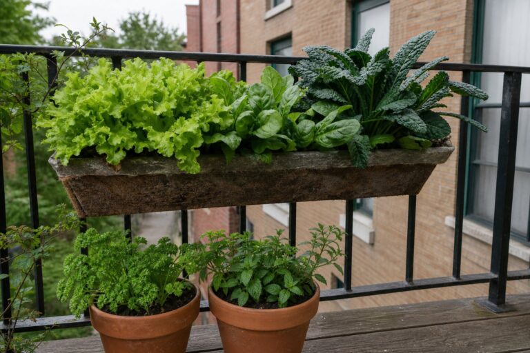 Railing planter of loose-leaf lettuce, spinach and kale with pots of parsley and mint on a shady apartment balcony