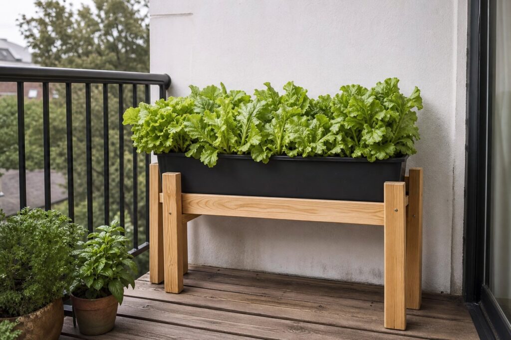 Planter of leaf lettuce on a wooden plant stand against a white-painted balcony wall