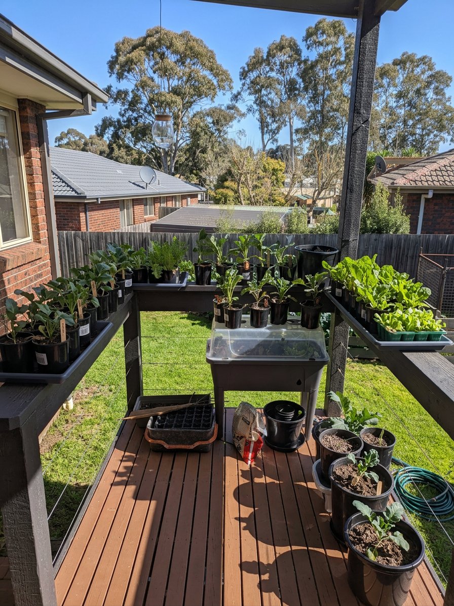 Fall container gardening setup with pots and grow bags on a balcony