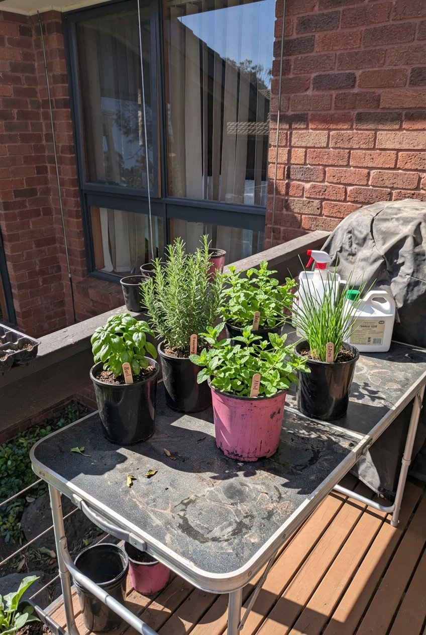 Potted basil, rosemary, mint and chives on a small table beside a window