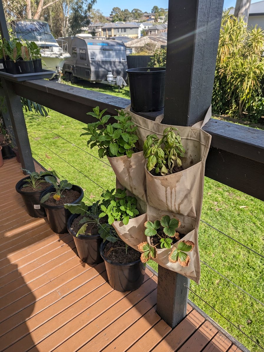 Fabric pocket planter strapped to a balustrade rail on a verandah container garden