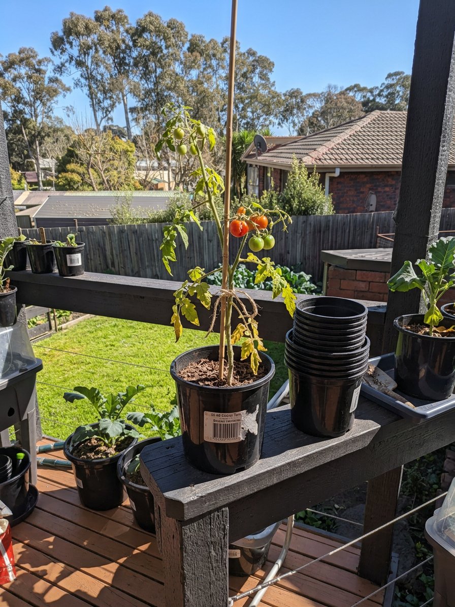 Cherry tomato plant growing in a black nursery pot with a price sticker on a verandah rail shelf, ready to be potted up into its final container