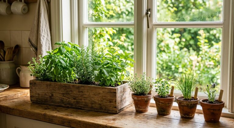 Basil, rosemary and mint in a wooden windowbox on a sunlit kitchen windowsill