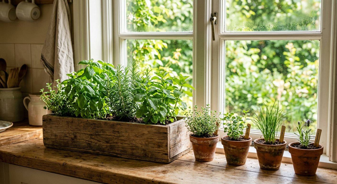 Basil, rosemary and mint in a wooden windowbox on a sunlit kitchen windowsill