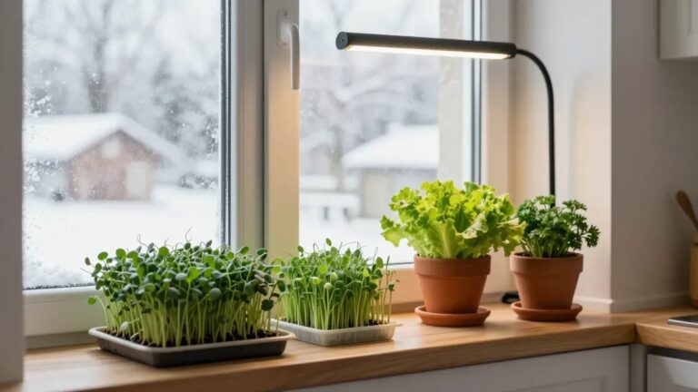 Trays of microgreens and pea shoots, a pot of loose-leaf lettuce and a pot of parsley on a kitchen windowsill under a slim LED grow light, with snow outside